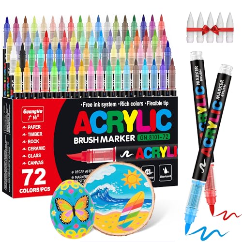 Guangna Acrylic Paint Markers Brush Tip, 72 Vivid Colors with Direct-Liquid Ink Control System, Professional-Grade Paint Pen for Rock Painting, Canvas, Glass, Plastic, Fabric & Creative Crafts
