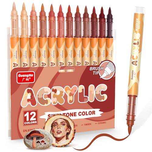 Guangna 12 Skin Tone Acrylic Paint Markers, Red Brown Brush Tip Acrylic Paint Pens for Pumpkin Paint, Rock Painting, Wood, Glass, Paper, Coloring Book, Ceramic, Canvas, DIY Crafts, Water-Based Ink