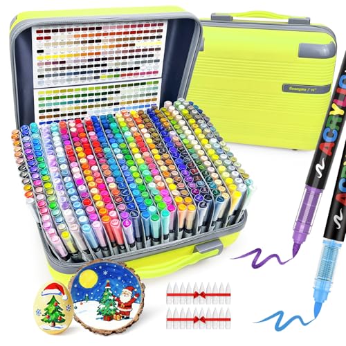 Guangna 408 Acrylic Paint Markers, Brush Tip Acrylic Paint Pens, Quick-Drying Waterproof Ink, for Rock Painting Plastic Wood Canvas Glass Ceramic Metal Art Crafts Supplies Gift